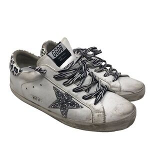 Golden Goose Superstar Glitter Star Leopard Print Leather Sneakers Womens 40 10